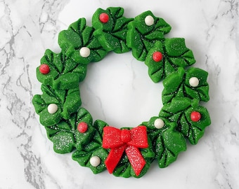 Marzipan Christmas Wreath - Edible Wreath with Marzipan Leaves, Ornaments and Red Bow - Gorgeous Hostess Gift and Table Centerpiece!