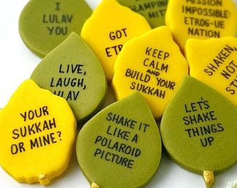 Sukkot Gift of Lulav Leaves & Etrog Pun Conversations!  Marzipan Candy Cookies for Sukkah Place Settings, Shana Tova Gifts and more!