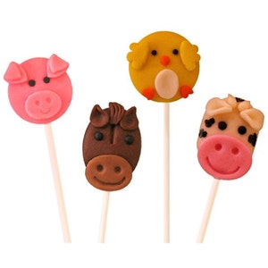 Farm Animal Marzipan Candy Lollipops - Cow, Pig, Horse & Chick - Adorable cupcake toppers or favors for your farm or barn party!