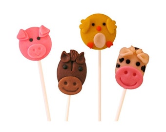 Farm Animal Marzipan Candy Lollipops - Cow, Pig, Horse & Chick - Adorable cupcake toppers or favors for your farm or barn party!