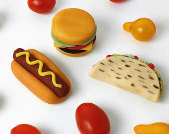 Candy HAMBURGER, TACO and HOT_DOG!  Foodie marzipan treats make delicious gifts!