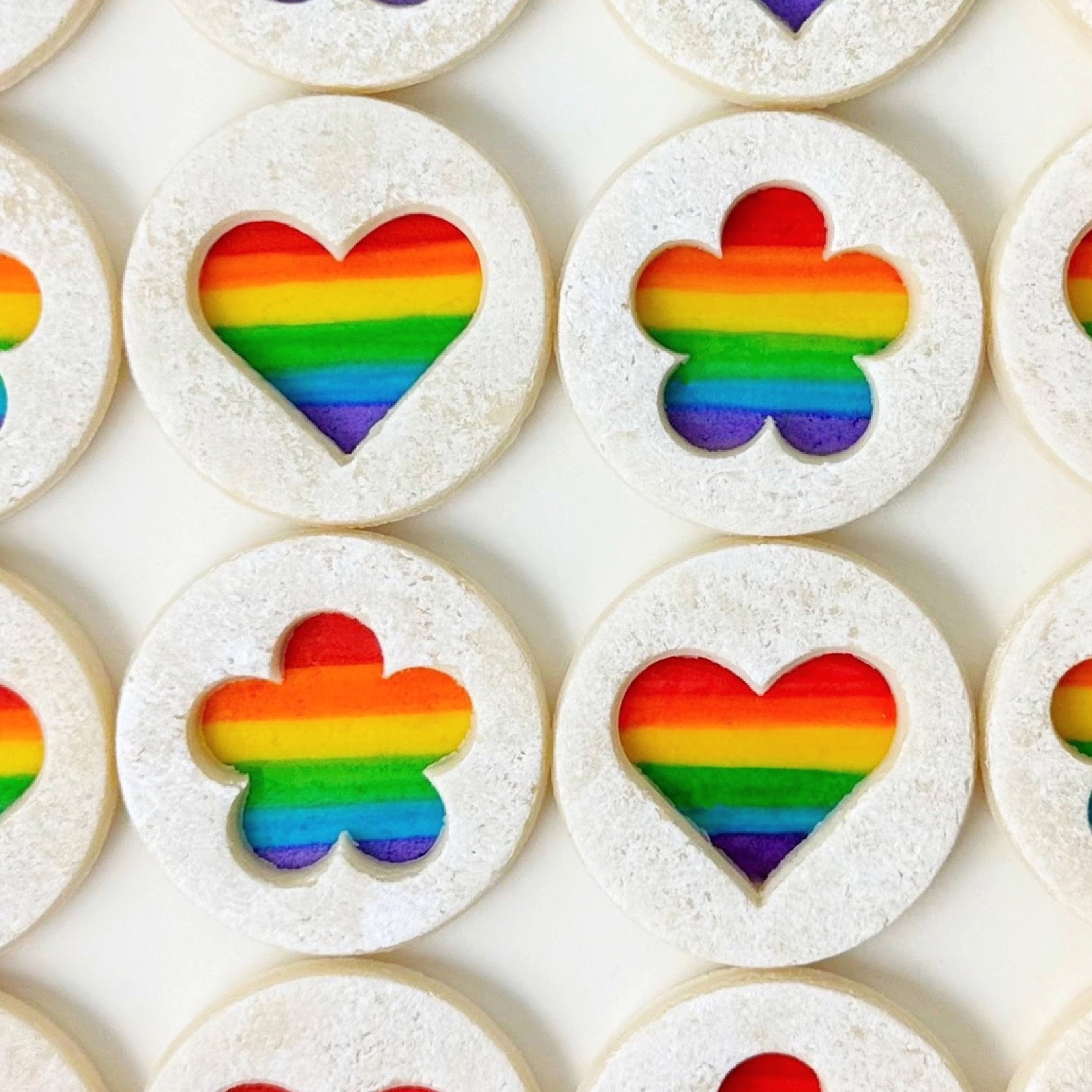 Pride Linzer Cookie Basket Collection - Limited Edition - Individually Wrapped, Hand-Painted, Gorgeous Marzipan Rainbow Hearts and Flowers
