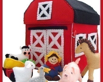 May include: A red felt barn with a black roof and white X-shaped details on the doors. The barn is surrounded by felt farm animals, including a cow, pig, horse, sheep, duck, and a farmer with a yellow hat.