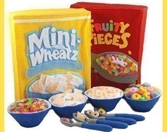 BREAKFAST CEREAL - PDF Felt Food Pattern (Four Boxes, Cereals, Bowls, Spoons)