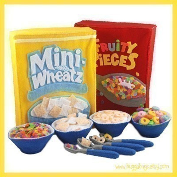 BREAKFAST CEREAL - PDF Felt Food Pattern (Four Boxes, Cereals, Bowls, Spoons)