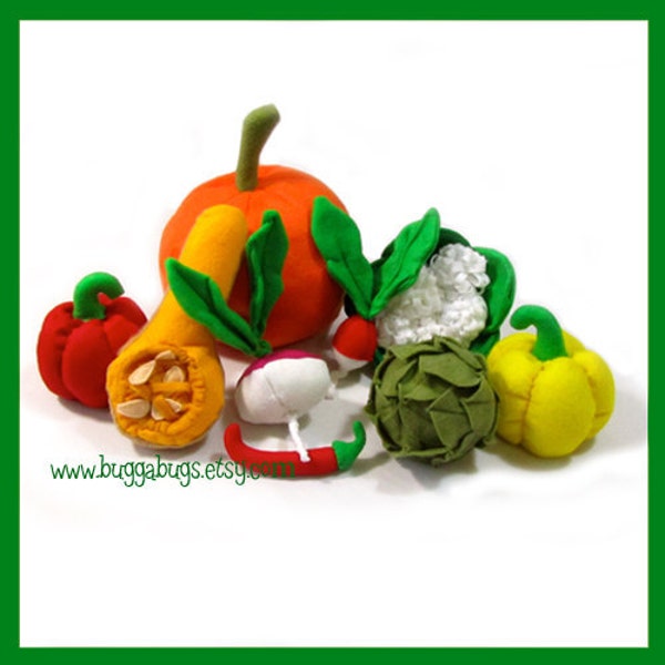 GARDEN VEGGIES - Felt Food PDF Pattern (Pumpkin, Artichoke, Bell Pepper, Radish, Turnip, Butternut Squash, Cauliflower, Jalapeño)