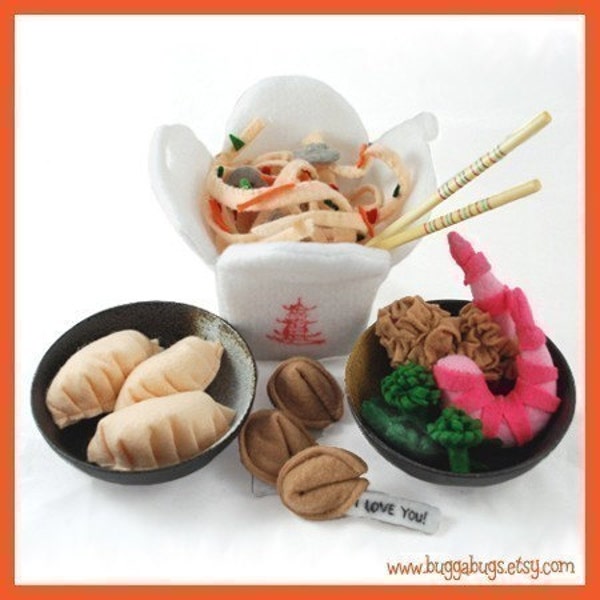 Chinese Take Out - PDF Felt Food Pattern (Chow Mein, Shrimp, Tempura Shrimp, Peas, Broccoli, Fortune Cookie, Gyoza, Take Out Box)