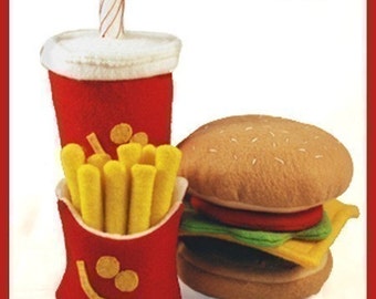 Un pasto molto felice - PDF Modello di cibo in feltro (hamburger, frappè, patatine fritte)