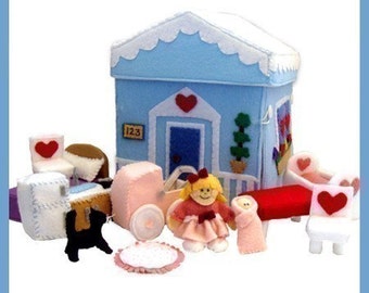 Home Sweet Home - PDF Doll Pattern (Dollhouse, Dolls, Kitchen, Table, Chairs, Bed, Pillow, Cradle, Rug, Stroller, Cat)