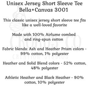 K&ouml;nnte beinhalten: Wei&szlig;er Text auf wei&szlig;em Hintergrund beschreibt ein Unisex-Jersey-T-Shirt mit kurzen &Auml;rmeln. Der Text enth&auml;lt den Markennamen Bella+Canvas 3001, Stoffmischungen und den Satz "Dieses klassische Unisex-Jersey-T-Shirt mit kurzen &Auml;rmeln passt wie ein beliebter Favorit."