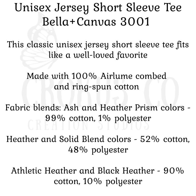 K&ouml;nnte beinhalten: Wei&szlig;er Text auf wei&szlig;em Hintergrund beschreibt ein Unisex-Jersey-T-Shirt mit kurzen &Auml;rmeln. Der Text enth&auml;lt den Markennamen Bella+Canvas 3001, Stoffmischungen und den Satz "Dieses klassische Unisex-Jersey-T-Shirt mit kurzen &Auml;rmeln passt wie ein beliebter Favorit."