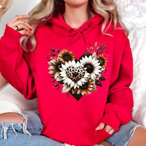 Valentine&#39;s Day Shirt, Mother&#39;s Day Gift, Leopard Glitter Tee, Sunflower Shirt, Flowers T-shirt, Botanical Tee, Leopard Flowers Heart Shirt
