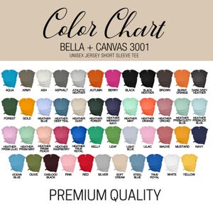 K&ouml;nnte beinhalten: Farbkarte f&uuml;r Bella + Canvas 3001 Unisex-T-Shirts mit kurzen &Auml;rmeln. Enth&auml;lt eine gro&szlig;e Auswahl an Farben, darunter Aqua, Schwarz, Forest, Gold, Heather Blue und mehr. Der Text "Premium Quality" steht unten.