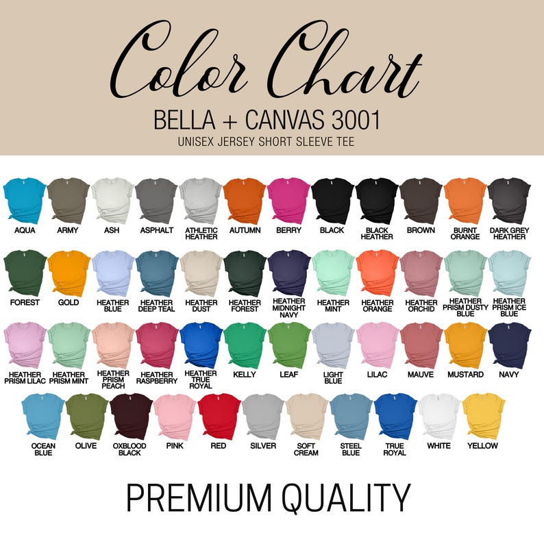 K&ouml;nnte beinhalten: Farbkarte f&uuml;r Bella + Canvas 3001 Unisex-T-Shirts mit kurzen &Auml;rmeln. Enth&auml;lt eine gro&szlig;e Auswahl an Farben, darunter Aqua, Schwarz, Forest, Gold, Heather Blue und mehr. Der Text "Premium Quality" steht unten.