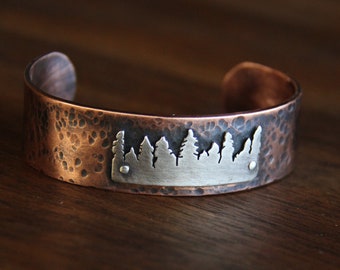 handmade sterling silver forest tree line with hammered copper cuff (custom order) - bracelet