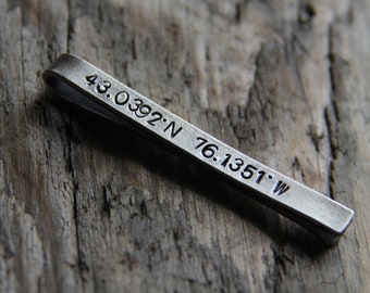 Custom Handmade Sterling Silver Tie Bar - Groomsmen Gift - Best Man Gift (personalize with coordinates, special dates, etc.)