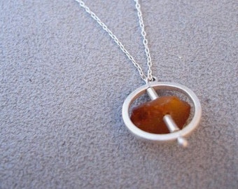 round sterling silver pendant w/Baltic Amber (your choice of color - made to order) - necklace