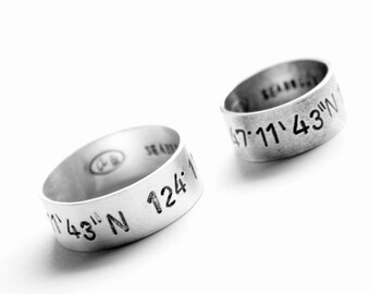 anello di longitudine latitudine argento sterling personalizzato (ordine personalizzato - coordinate, longitudine di latitudine, anello di posizione) - banda ad anello