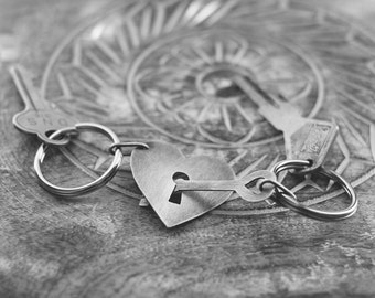 sterling silver key to my heart keychains (heart with keyhole and skeleton key - personalize with custom wedding date, names, etc)