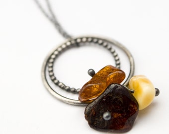 Trio Baltic Amber with sterling silver circles (READY TO MAIL) - necklace