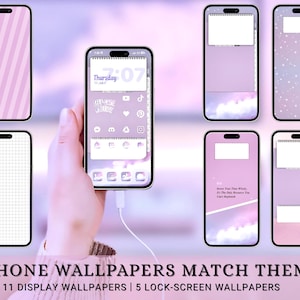 May include: A collection of iPhone wallpapers in shades of purple and white. The image shows various phone screens with different designs, including diagonal stripes, grid patterns, and calendar-themed layouts. The text "IPHONE WALLPAPERS MATCH THEME" is displayed at the bottom.
