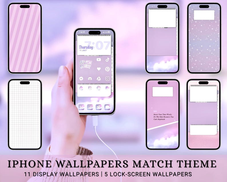 May include: A collection of iPhone wallpapers in shades of purple and white. The image shows various phone screens with different designs, including diagonal stripes, grid patterns, and calendar-themed layouts. The text "IPHONE WALLPAPERS MATCH THEME" is displayed at the bottom.