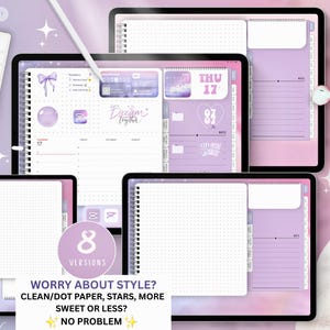 May include: Digital planner displayed on multiple tablets. The planner features a purple and white color scheme with dot paper, stars, and the text "Let's Dream Together." The image includes a keyboard, stylus, and earbuds. Text on the image reads "8 Versions" and "Worry About Style?"