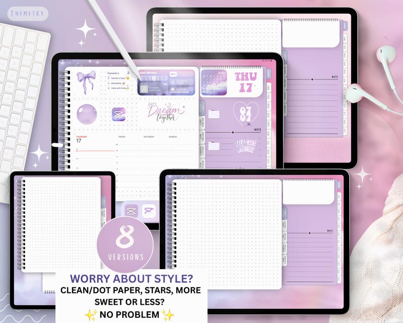 May include: Digital planner displayed on multiple tablets. The planner features a purple and white color scheme with dot paper, stars, and the text "Let's Dream Together." The image includes a keyboard, stylus, and earbuds. Text on the image reads "8 Versions" and "Worry About Style?"