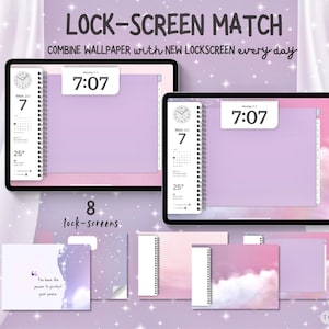 May include: Two tablets displaying a lock screen with the time 7:07, a calendar, and the temperature. The text "LOCK-SCREEN MATCH" and "COMBINE WALLPAPER with NEW LOCKSCREEN every day" are at the top. Below are eight lock screens with different designs.