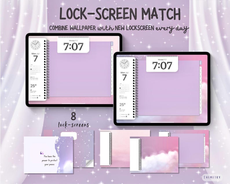 May include: Two tablets displaying a lock screen with the time 7:07, a calendar, and the temperature. The text "LOCK-SCREEN MATCH" and "COMBINE WALLPAPER with NEW LOCKSCREEN every day" are at the top. Below are eight lock screens with different designs.