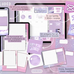 May include: Digital planner set with a soft purple and pink color scheme. Includes 16 iPhone wallpapers, lock screens, and horizontal/vertical wallpapers. Features 5 variants, 1300+ icons, and 50 widgets. Text includes "Included", "Dream together", and "Self-Care Routine".