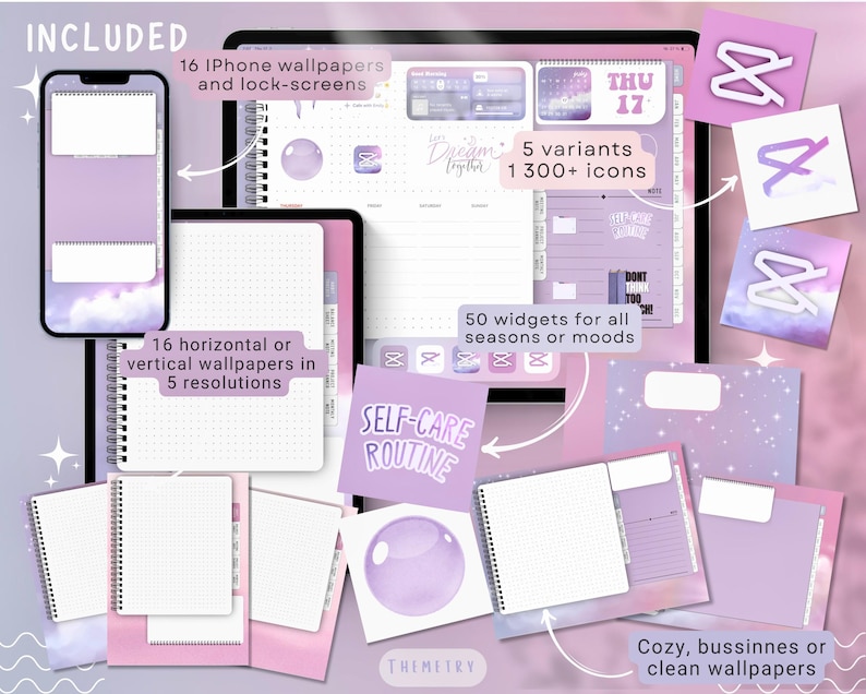 May include: Digital planner set with a soft purple and pink color scheme. Includes 16 iPhone wallpapers, lock screens, and horizontal/vertical wallpapers. Features 5 variants, 1300+ icons, and 50 widgets. Text includes "Included", "Dream together", and "Self-Care Routine".