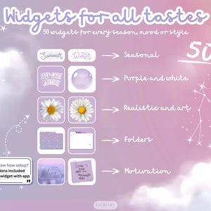 May include: A digital graphic with the text "Widgets for all tastes" and "50 widgets for every season, mood or style." The image features various widget designs, including seasonal, purple and white, realistic art, folders, and motivational themes.