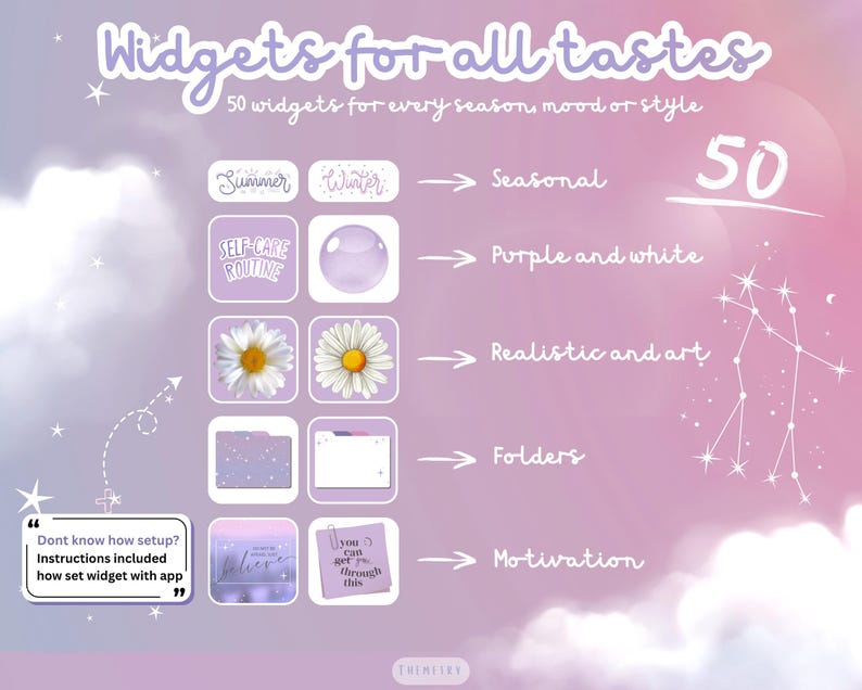 May include: A digital graphic with the text "Widgets for all tastes" and "50 widgets for every season, mood or style." The image features various widget designs, including seasonal, purple and white, realistic art, folders, and motivational themes.