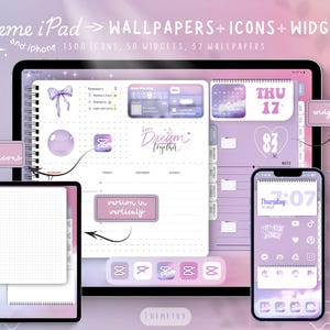 Peut inclure: Ensemble de thèmes numériques pour iPad et iPhone, comprenant des fonds d'écran, des icônes et des widgets. L'image montre un iPad et un iPhone affichant un thème coordonné violet et blanc, avec le texte "Theme iPad -> WALLPAPERS + ICONS + WIDGETS". Comprend 1500 icônes, 50 widgets et 32 fonds d'écran.