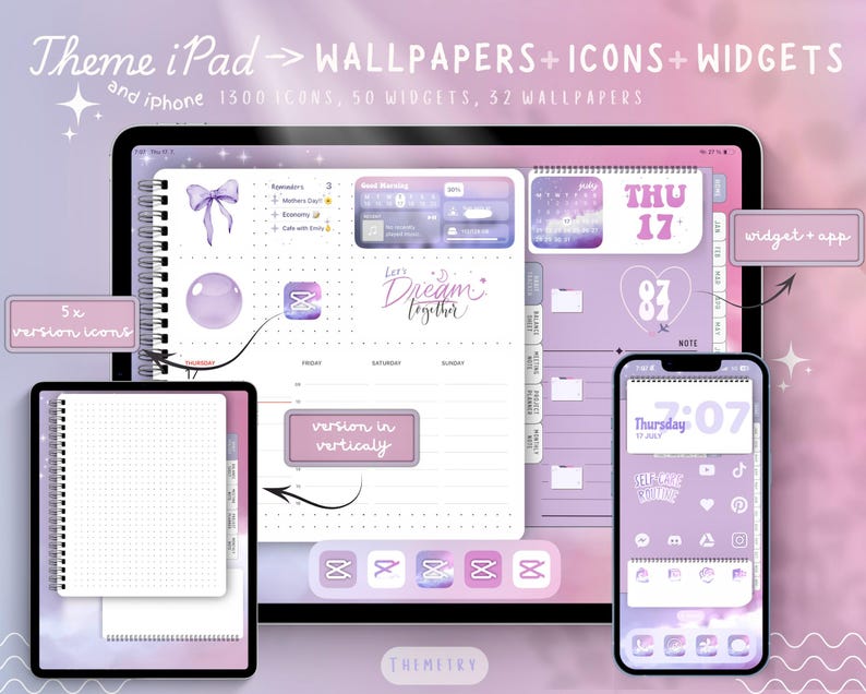 May include: Digital theme set for iPad and iPhone, featuring wallpapers, icons, and widgets. The image shows an iPad and iPhone displaying a coordinated purple and white theme, with the text "Theme iPad -> WALLPAPERS + ICONS + WIDGETS". Includes 1500 icons, 50 widgets, and 32 wallpapers.
