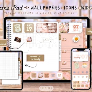 May include: A digital product display featuring an iPad and iPhone with a theme. The iPad shows a planner layout with icons and widgets. The iPhone displays a matching interface. Text includes "Theme iPad", "WALLPAPERS + ICONS + WIDGETS", and "1300 ICONS, 60 WIDGETS, 34 WALLPAPERS".