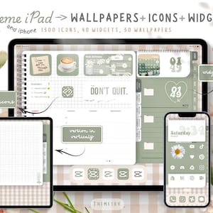 Tema verde estetico per iPad e iPhone con icone / Tema iOS / Tema personalizzabile / Sfondi estetici, widget e icone / Sfondo floreale
