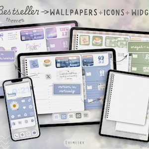 Op de afbeelding: Digitaal planthema met wallpapers, iconen en widgets. De afbeelding toont meerdere tablets en een telefoon, elk met een andere plannerindeling. De tekst bevat "3 Bestseller", "WALLPAPERS + ICONS + WIDGETS" en "themes".