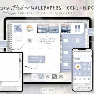 May include: A digital theme for iPad and iPhone, showcasing wallpapers, icons, and widgets. The image presents a tablet and phone with a light blue design, including 1300 icons, 50 widgets, and 36 wallpapers. Text includes "Theme iPad" and "WALLPAPERS + ICONS + WIDGETS".