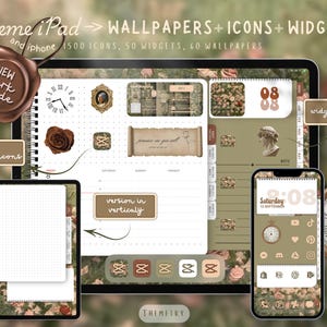 May include: A digital product showcasing a theme for iPad and iPhone, featuring wallpapers, icons, and widgets. The image displays a tablet and phone with a vintage aesthetic, including a clock, rose, and the text "NEW dark mode". The theme includes 1500 icons, 50 widgets, and 60 wallpapers.