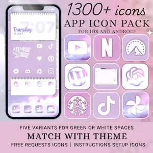 May include: A digital mockup of a smartphone displaying a custom app icon pack. The icons are in a soft purple and white color scheme. The image includes the text "1300+ icons" and "APP ICON PACK FOR IOS AND ANDROID".