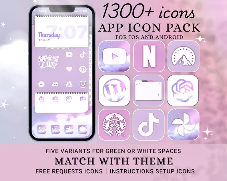 May include: A digital mockup of a smartphone displaying a custom app icon pack. The icons are in a soft purple and white color scheme. The image includes the text "1300+ icons" and "APP ICON PACK FOR IOS AND ANDROID".