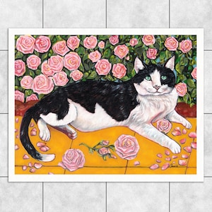 Impression d'art chat - « Irresistible » par Touria Berrada - peinture à l'huile - papier sans acide de haute qualité 100 % coton 80 lb - roses chat smoking