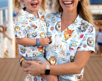 Disney Zootopia Signature Sketch Button Up, Disneyland Family Matching Hawaiian Shirt, Zootropolis Judy Hopps Nick Gary Nibbles Bogo Hawaii