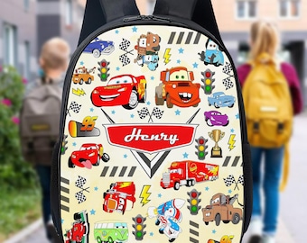 Personalized Cars Backpack, Custom Name Lightning McQueen Water Bottle, Racing Car Tow Mater Characters Lunch Bag, Birthday Kid Gift