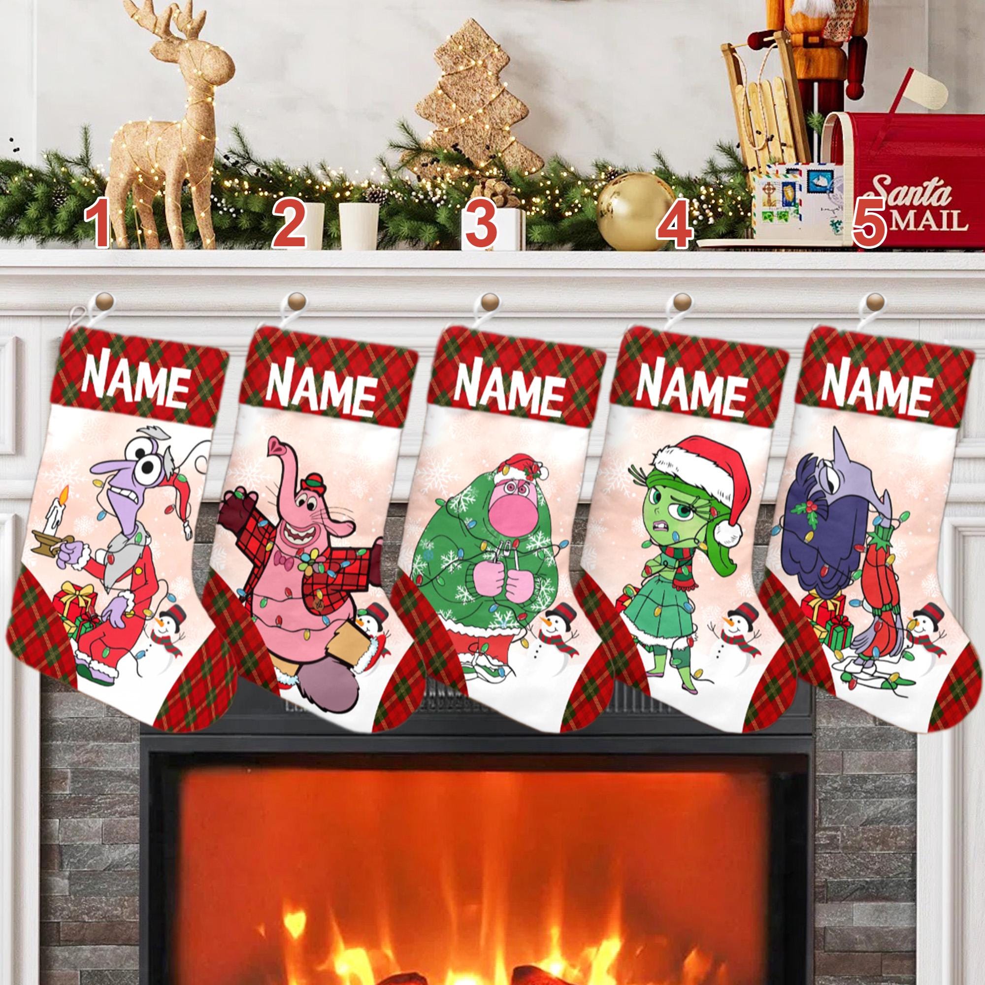 Discover Personalized Buffalo Plaid Inside Out Christmas Stockings, Inside Out 2 Movie Characters Christmas Stockings With Name, Joy Anxiety
