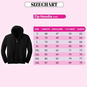 a black zip hoodie with a size chart indicating the measurements for different sizes, including S, M, L, XL, 2XL, 3XL, and 5XL.