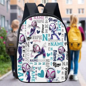 May include: Black backpack featuring a Spider-Gwen design with the word "Name" repeated throughout. The backpack has a black top and straps, with a white and blue background. The design includes hearts and the letter "N".