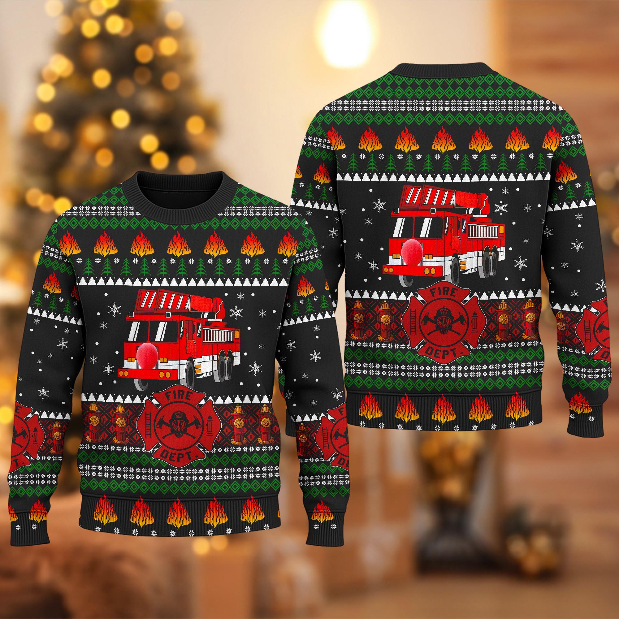 Fireman Ugly Christmas Sweater, Firefighter Truck Ugly Christmas